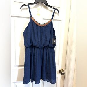 iZ Byer Spaghetti Strap Dress Blue Seed Bead Bodice Elastic Waist Size XL - NWT